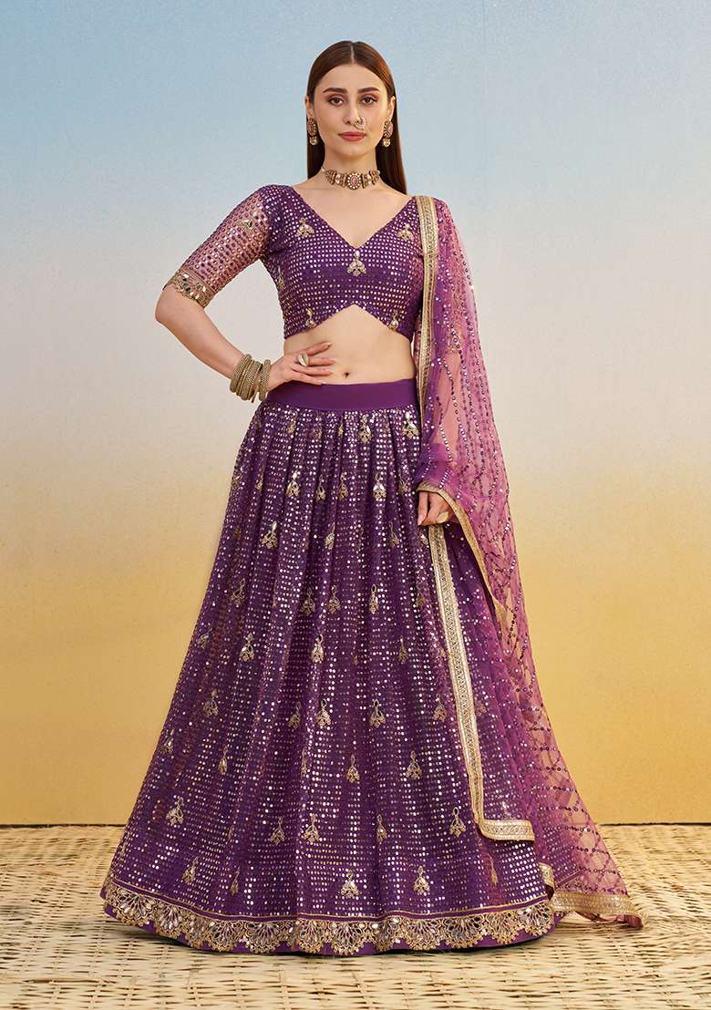 Dark Purple Net Lehenga Set with Embroidery for Diwali | Wedding & Festive Wear - Indya