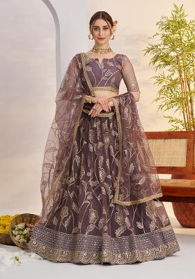 Dark Onion Embroidery Net Lehenga Set