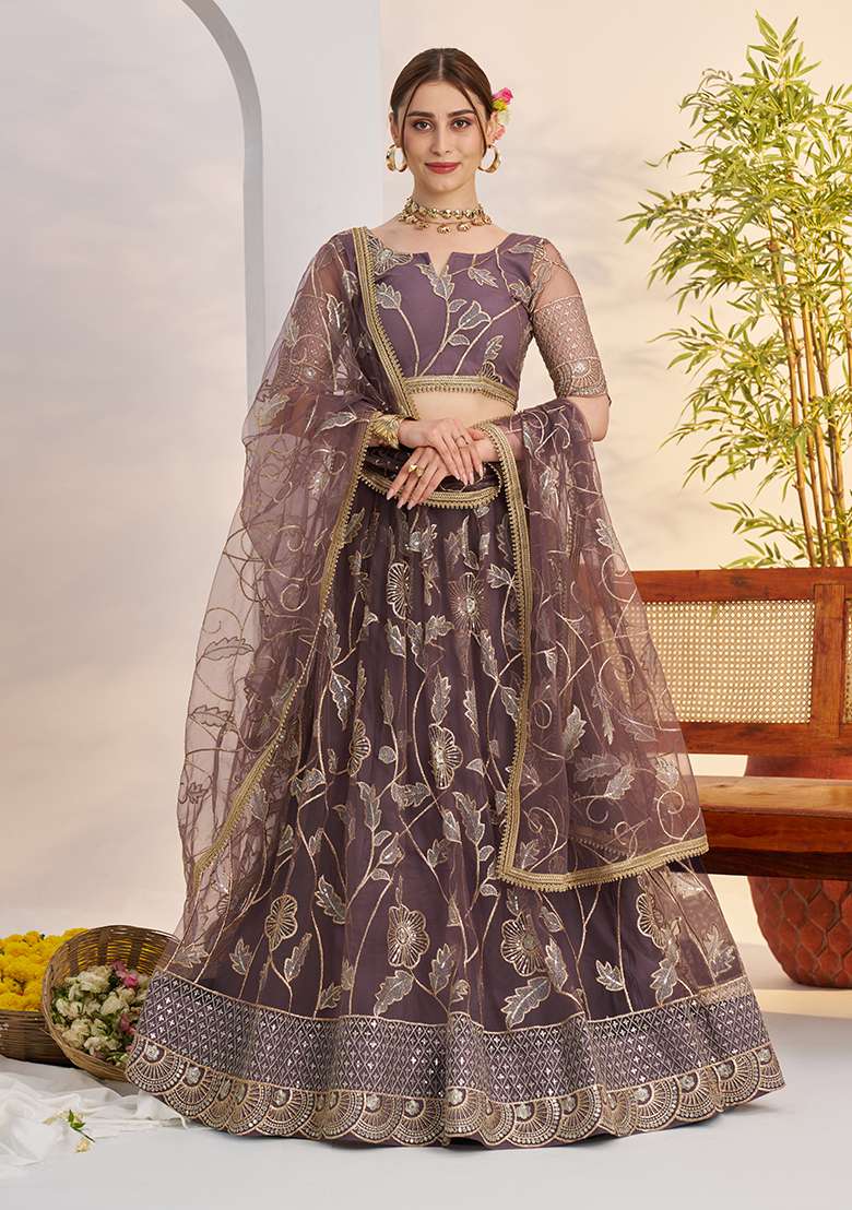 Dark Onion Embroidery Net Lehenga Set for Diwali and Festive Wear - Indya