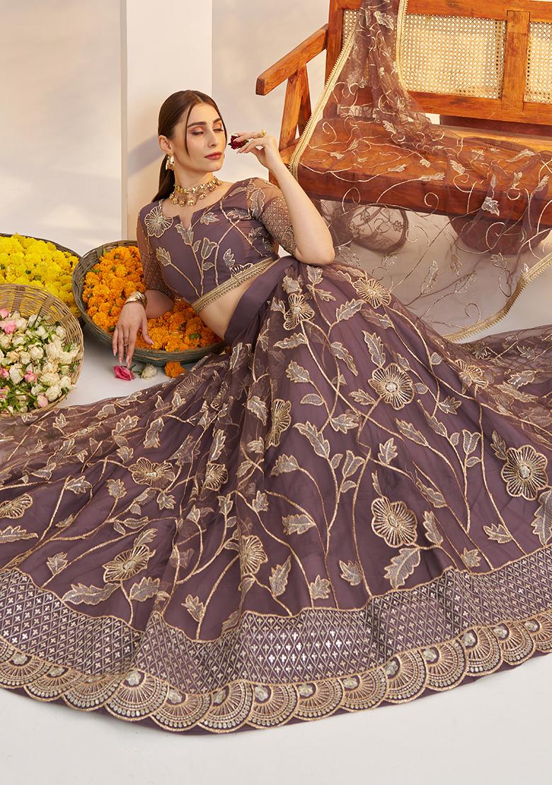 Dark Onion Embroidery Net Lehenga Set - Indya
