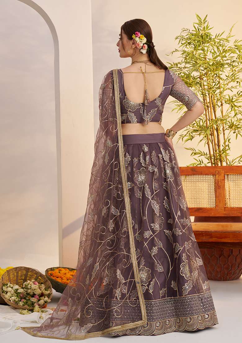 Dark Onion Embroidery Net Lehenga Set for Diwali and Festive Wear - Indya
