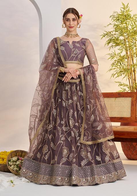 Dark Onion Embroidery Net Lehenga Set