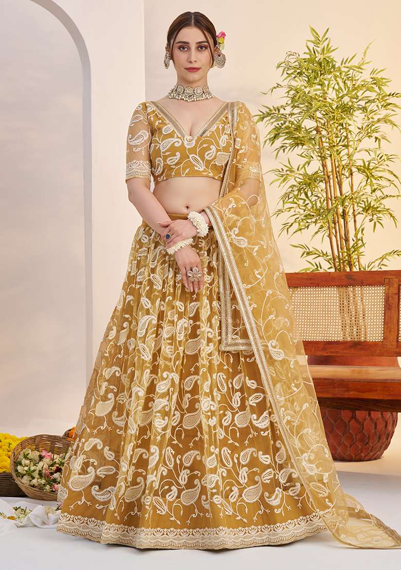 Light Golden Net Lehenga Set with Embroidery for Diwali | Wedding & Festive Wear - Indya