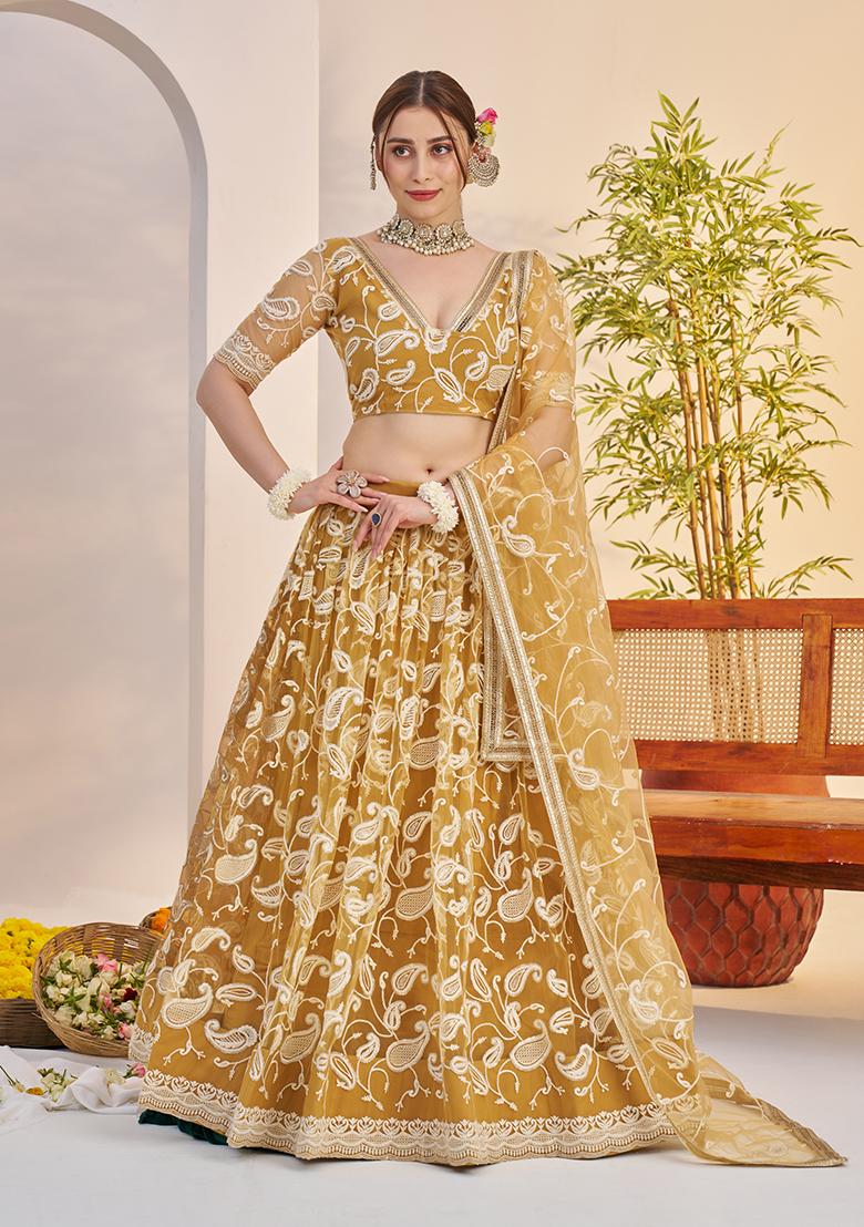 Light Golden Embroidery Net Lehenga Set - Indya