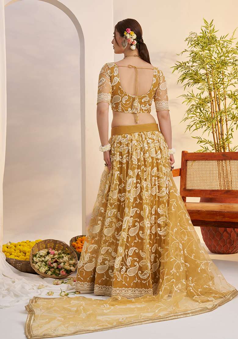 Light Golden Net Lehenga Set with Embroidery for Diwali | Wedding & Festive Wear - Indya
