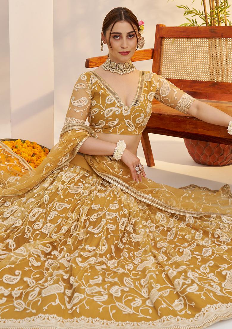 Light Golden Embroidery Net Lehenga Set - Indya
