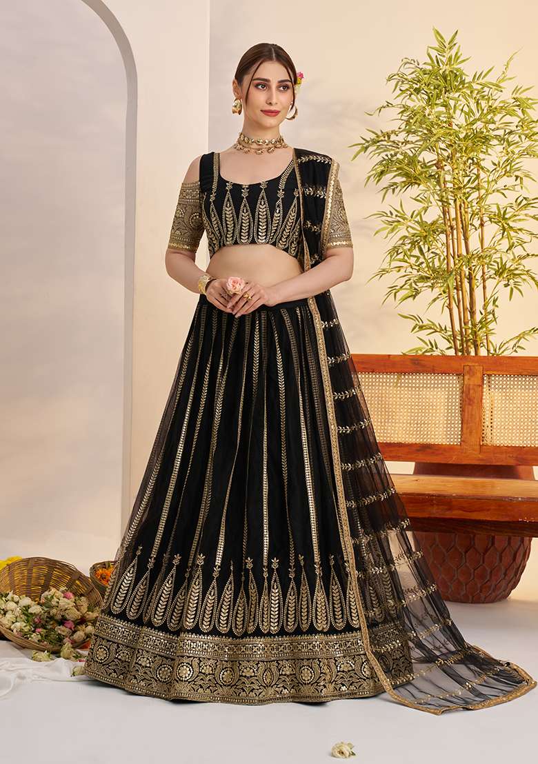 Black Net Lehenga Set with Embroidery for Diwali | Wedding & Festive Wear - Indya