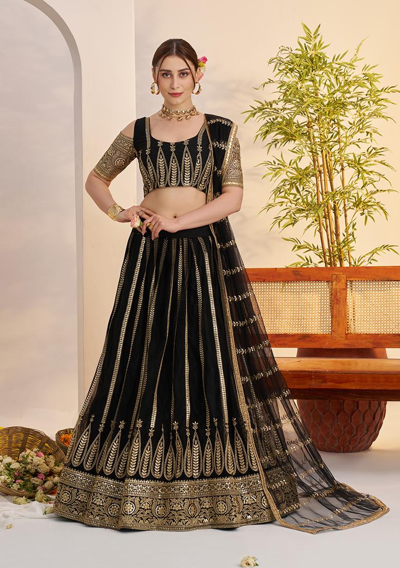 Black Embroidery Net Lehenga Set - Indya