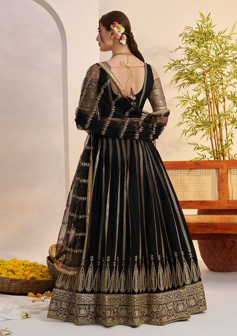 Black Net Lehenga Set with Embroidery for Diwali | Wedding & Festive Wear - Indya