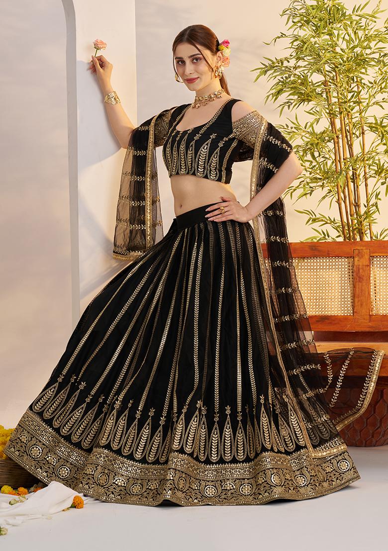 Black Embroidery Net Lehenga Set - Indya