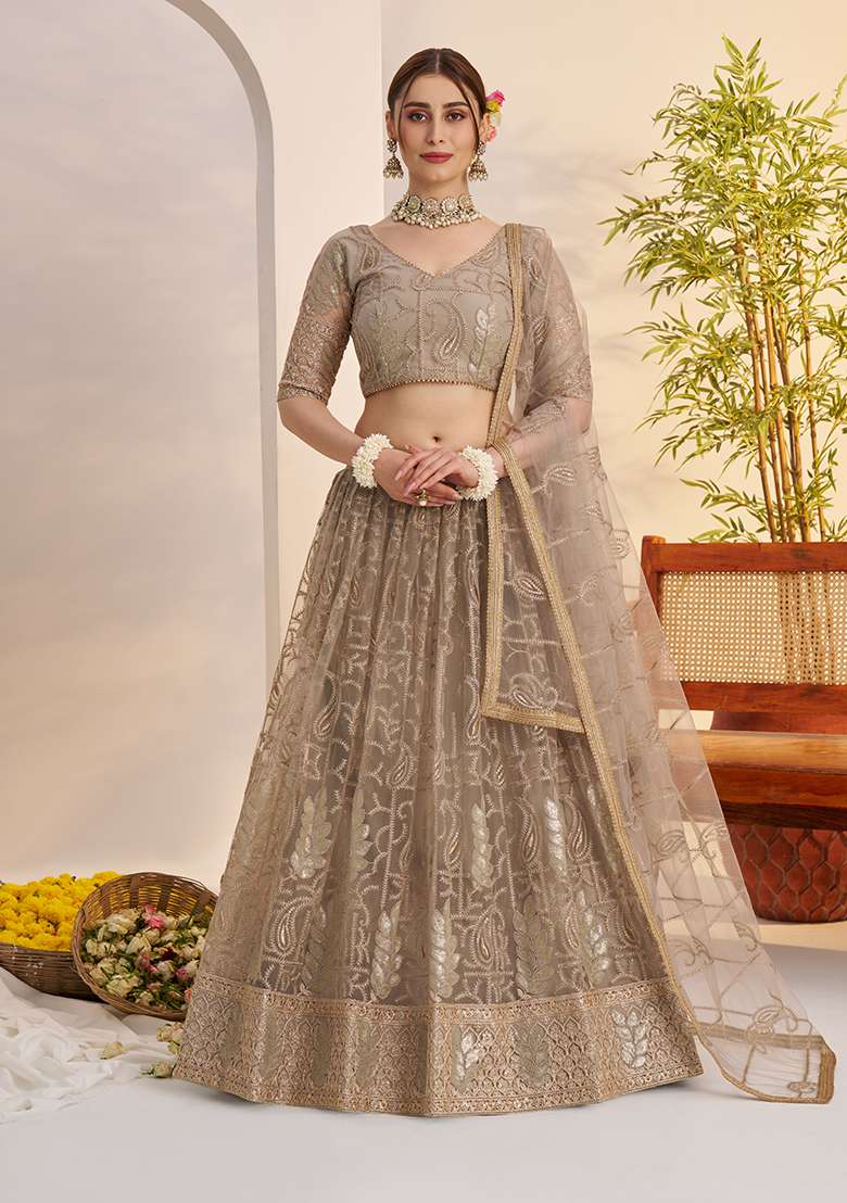 Matelic Grey Net Lehenga Set with Embroidery for Diwali | Wedding & Festive Wear - Indya