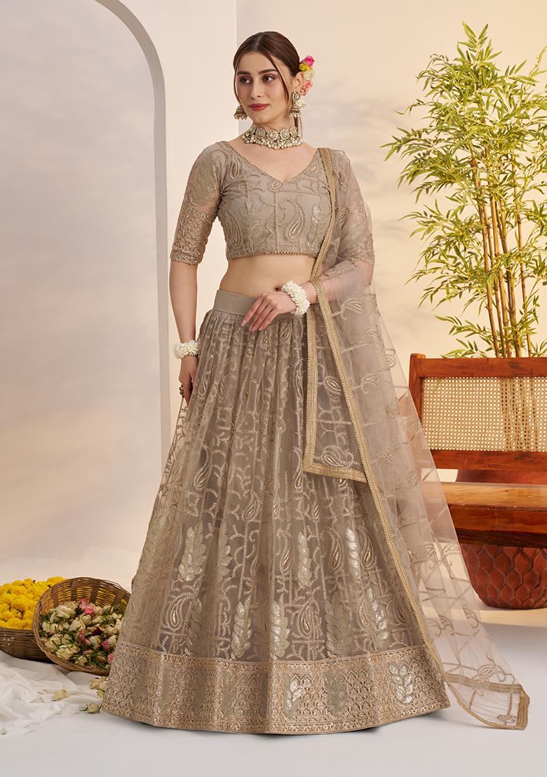 Matelic Grey Embroidery Net Lehenga Set - Indya