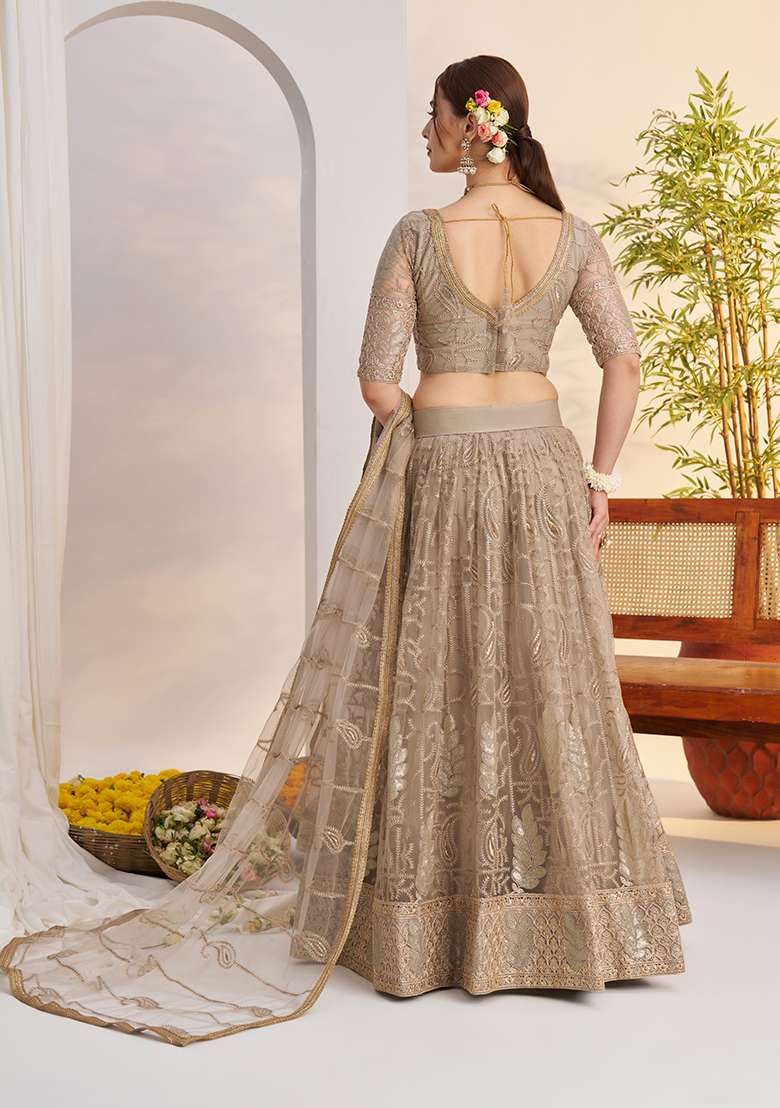 Matelic Grey Net Lehenga Set with Embroidery for Diwali | Wedding & Festive Wear - Indya