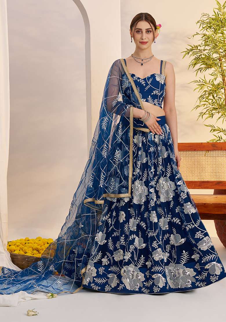 Morpeach Blue Embroidery Net Lehenga Set for Diwali and Festive Wear - Indya