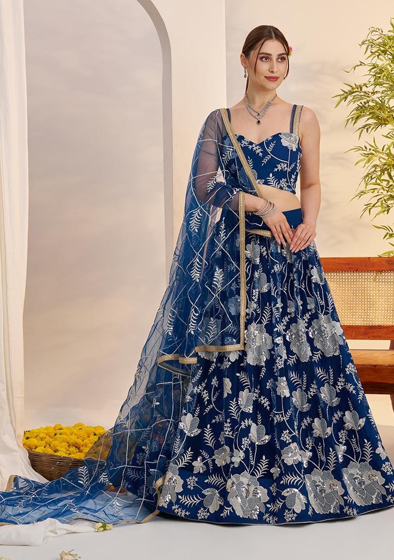 Morpeach Blue Embroidery Net Lehenga Set - Indya