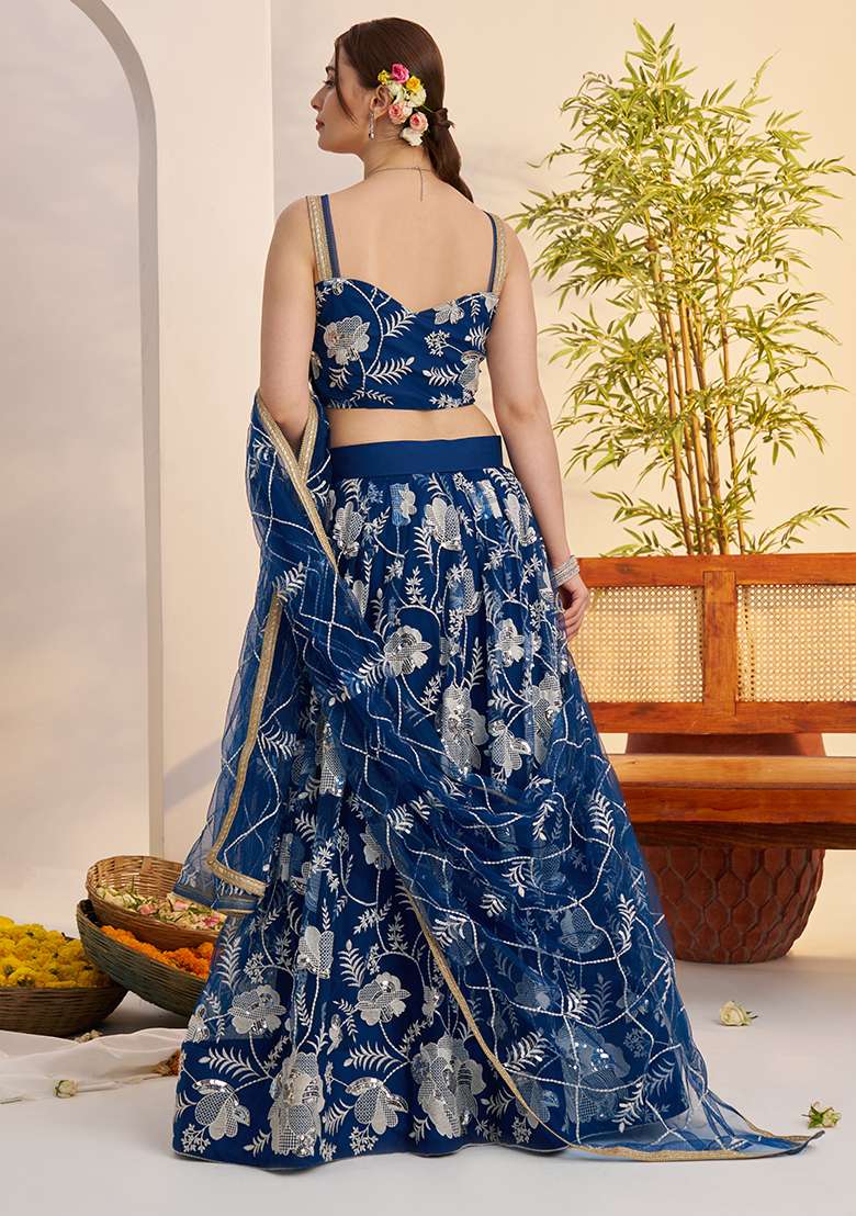Morpeach Blue Embroidery Net Lehenga Set for Diwali and Festive Wear - Indya