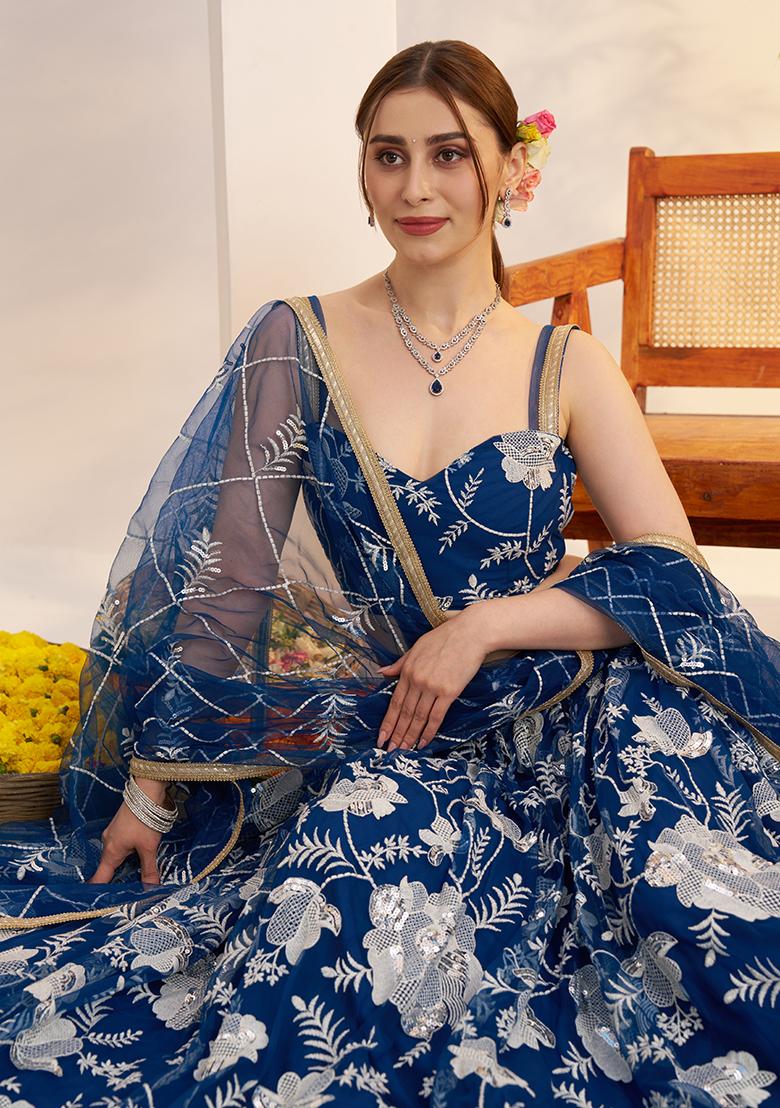 Morpeach Blue Embroidery Net Lehenga Set - Indya