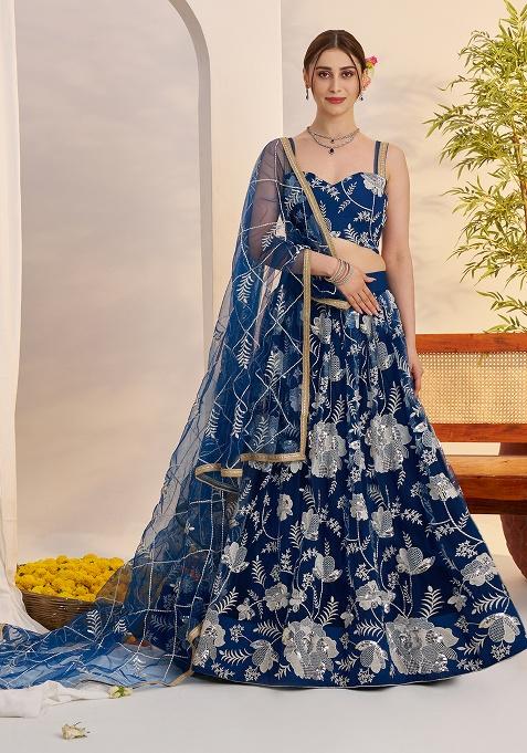 Morpeach Blue Embroidery Net Lehenga Set