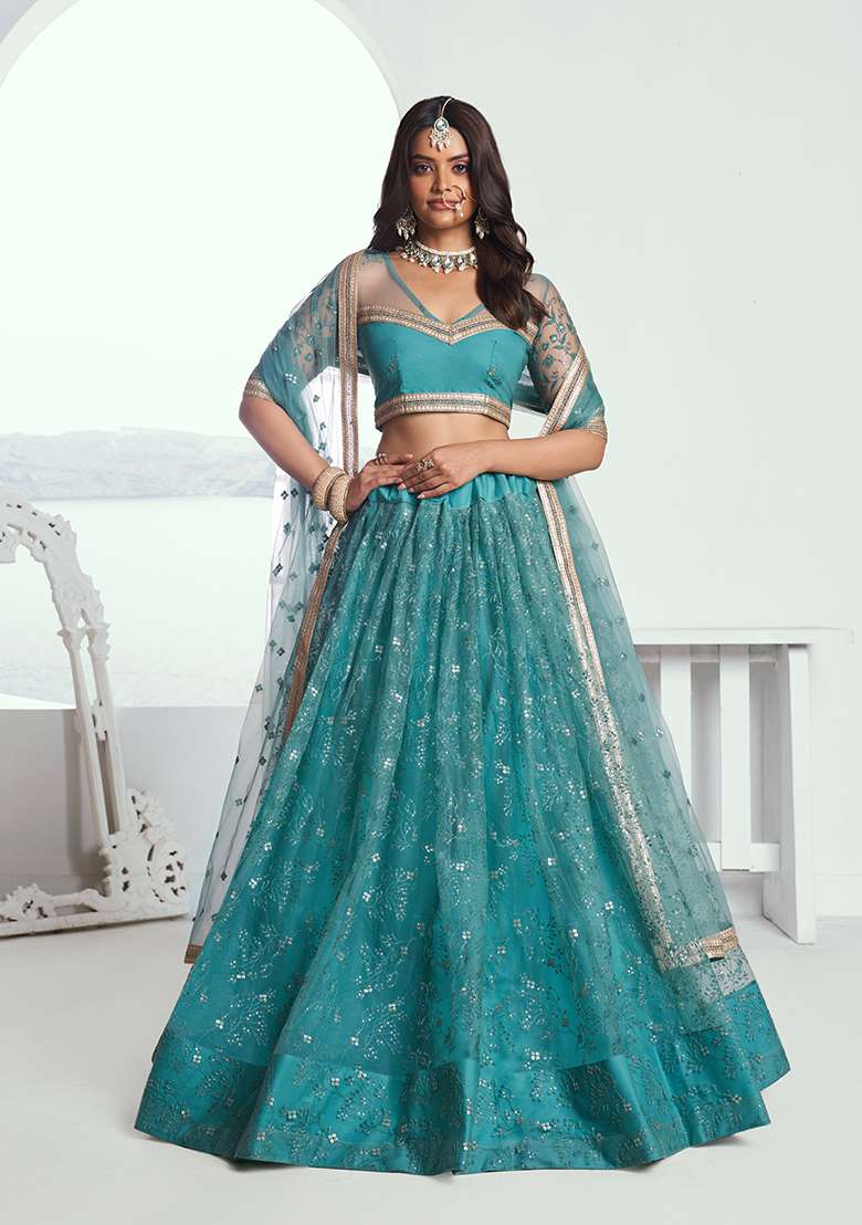 Rama Green Net Lehenga Set with Embroidery for Diwali | Wedding & Festive Wear - Indya