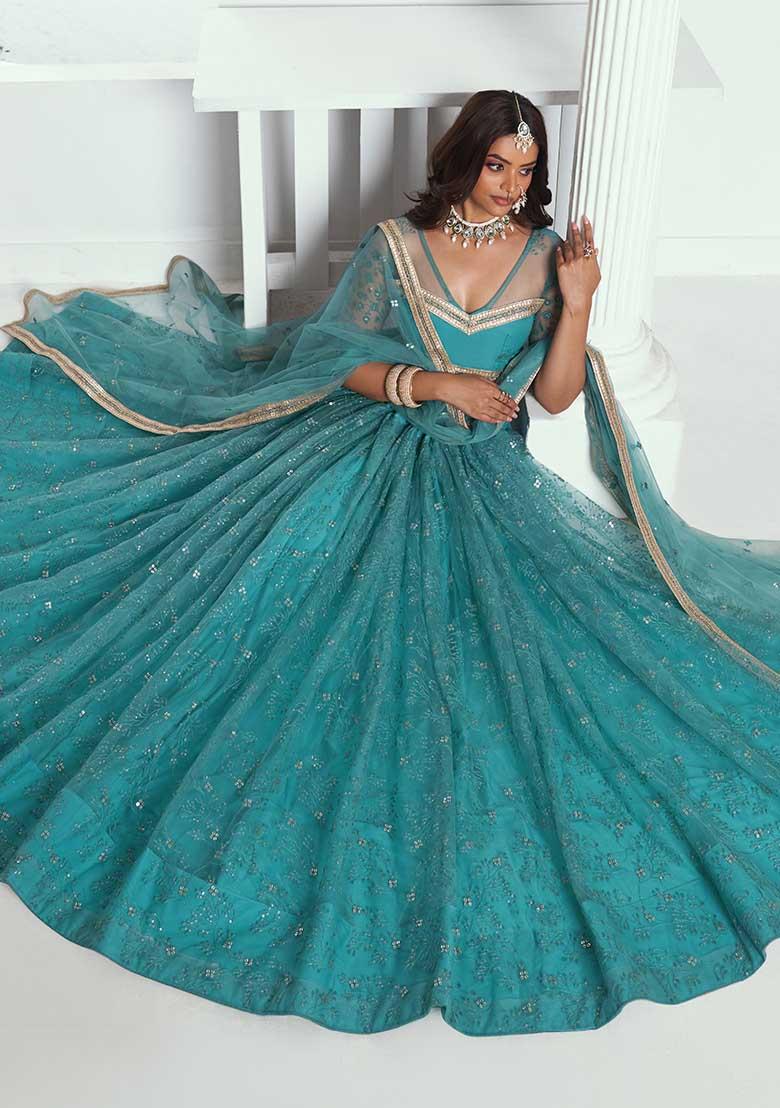 Rama Green Embroidery Net Lehenga Set - Indya