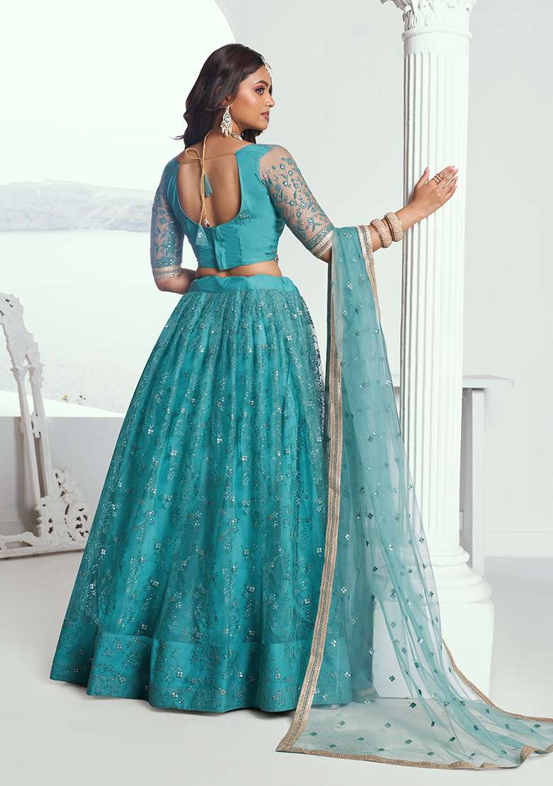 Rama Green Net Lehenga Set with Embroidery for Diwali | Wedding & Festive Wear - Indya