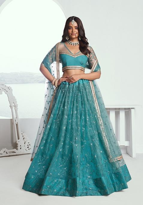 Rama Green Embroidery Net Lehenga Set