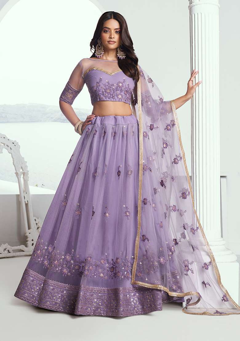 Lavender Net Lehenga Set with Embroidery for Diwali | Wedding & Festive Wear - Indya