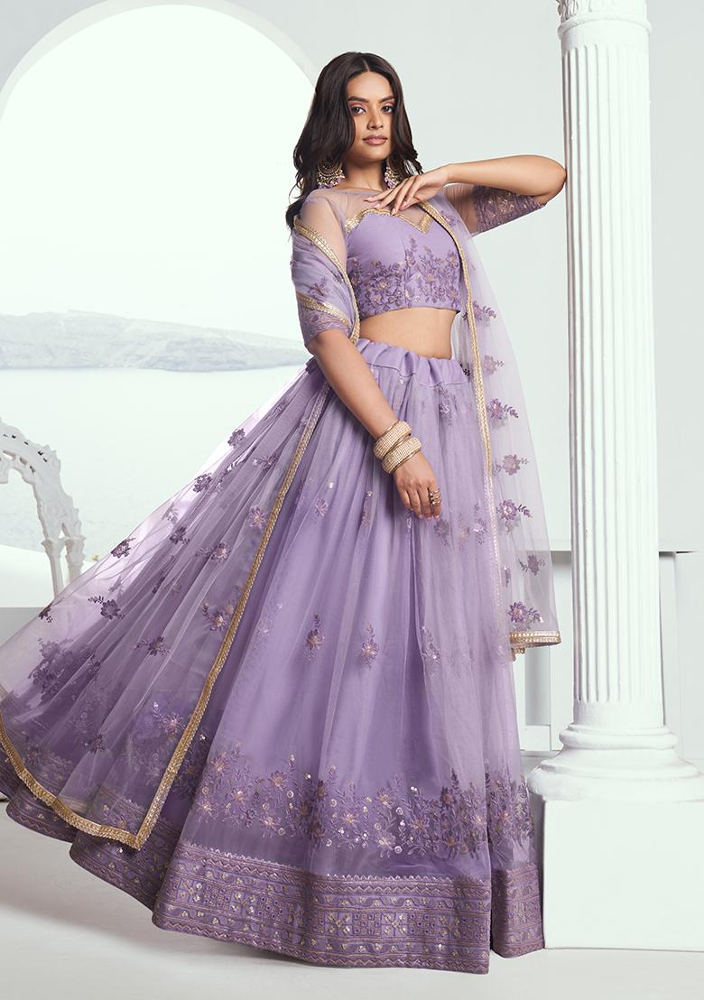 Lavender Embroidery Net Lehenga Set - Indya