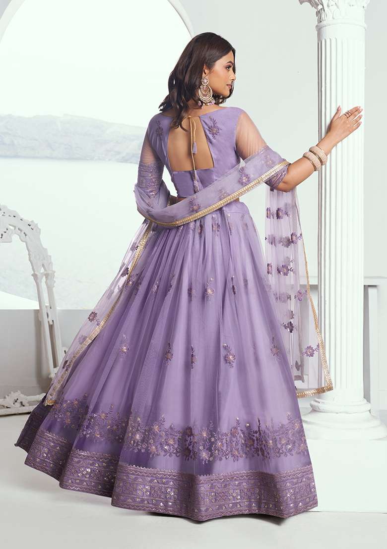 Lavender Net Lehenga Set with Embroidery for Diwali | Wedding & Festive Wear - Indya