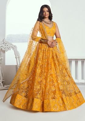 Yellow Embroidery Net Lehenga Set