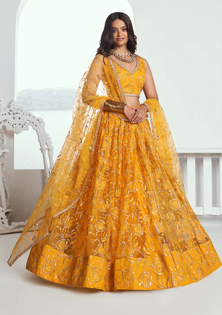 Yellow Net Lehenga Set with Embroidery for Diwali | Wedding & Festive Wear - Indya
