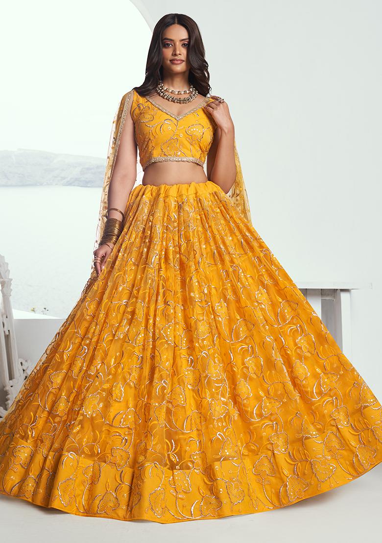 Yellow Embroidery Net Lehenga Set - Indya