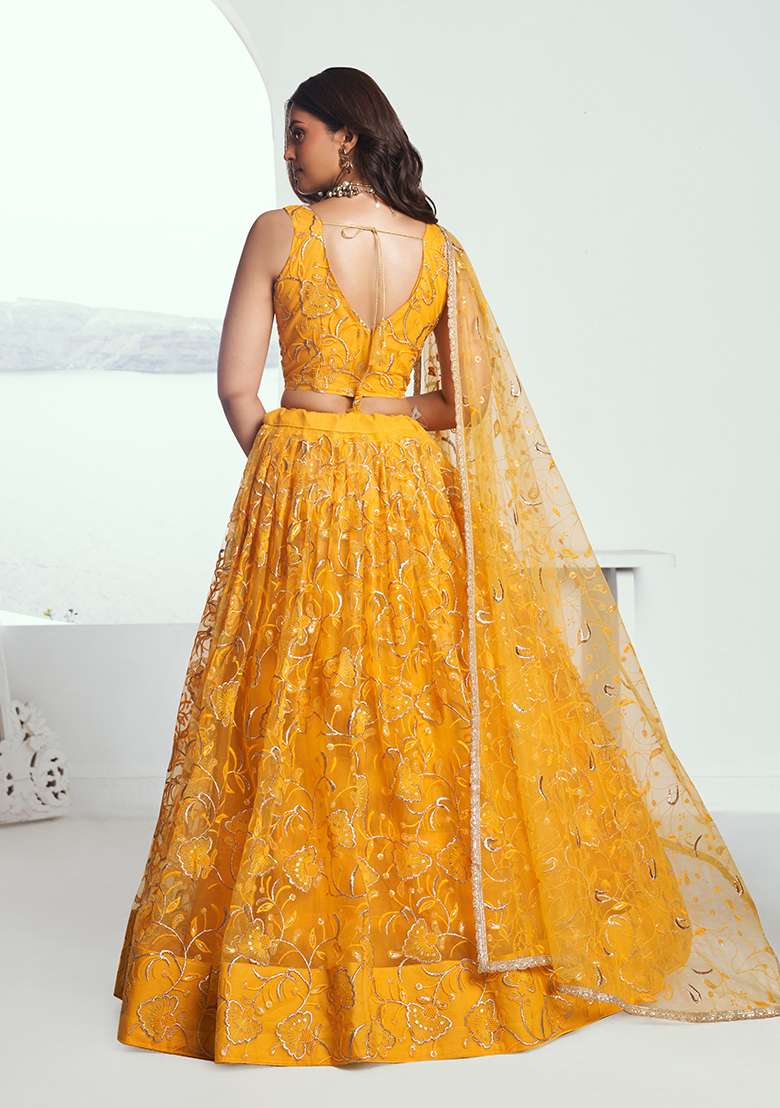Yellow Net Lehenga Set with Embroidery for Diwali | Wedding & Festive Wear - Indya