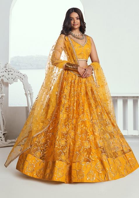 Yellow Embroidery Net Lehenga Set