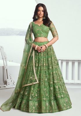Pista Green Embroidery Net Lehenga Set