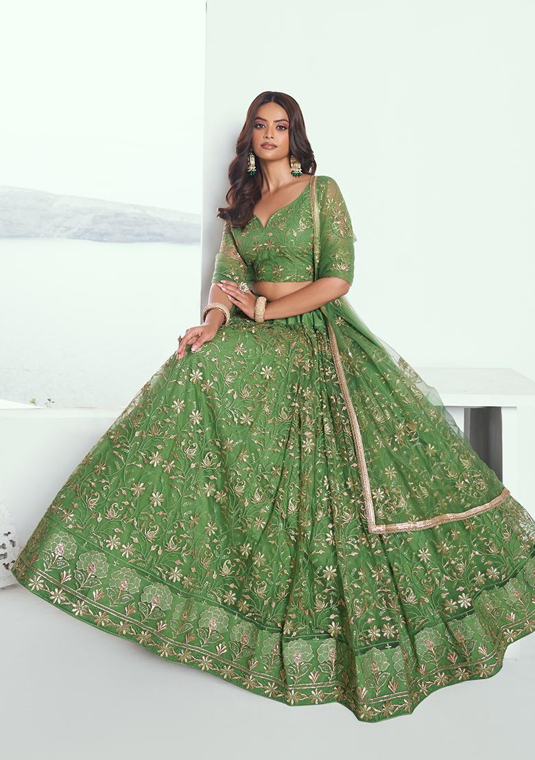 Pista Green Embroidery Net Lehenga Set - Indya