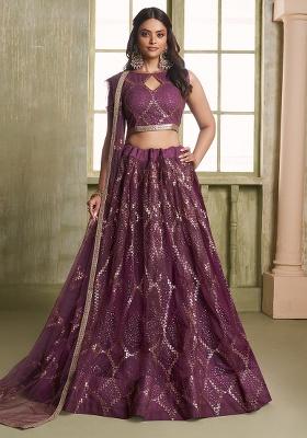 Wine Embroidery Net Lehenga Set