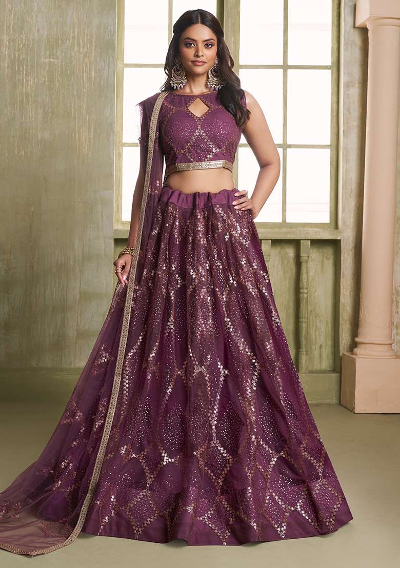 Wine Embroidery Net Lehenga Set for Diwali and Festive Wear - Indya