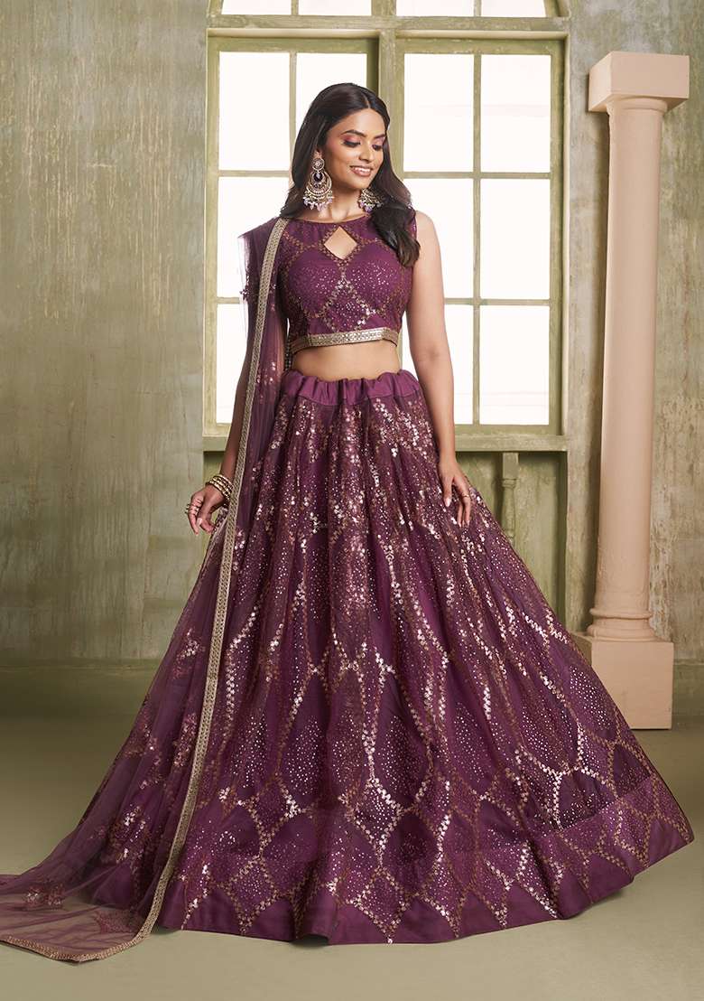 Wine Embroidery Net Lehenga Set for Diwali and Festive Wear - Indya