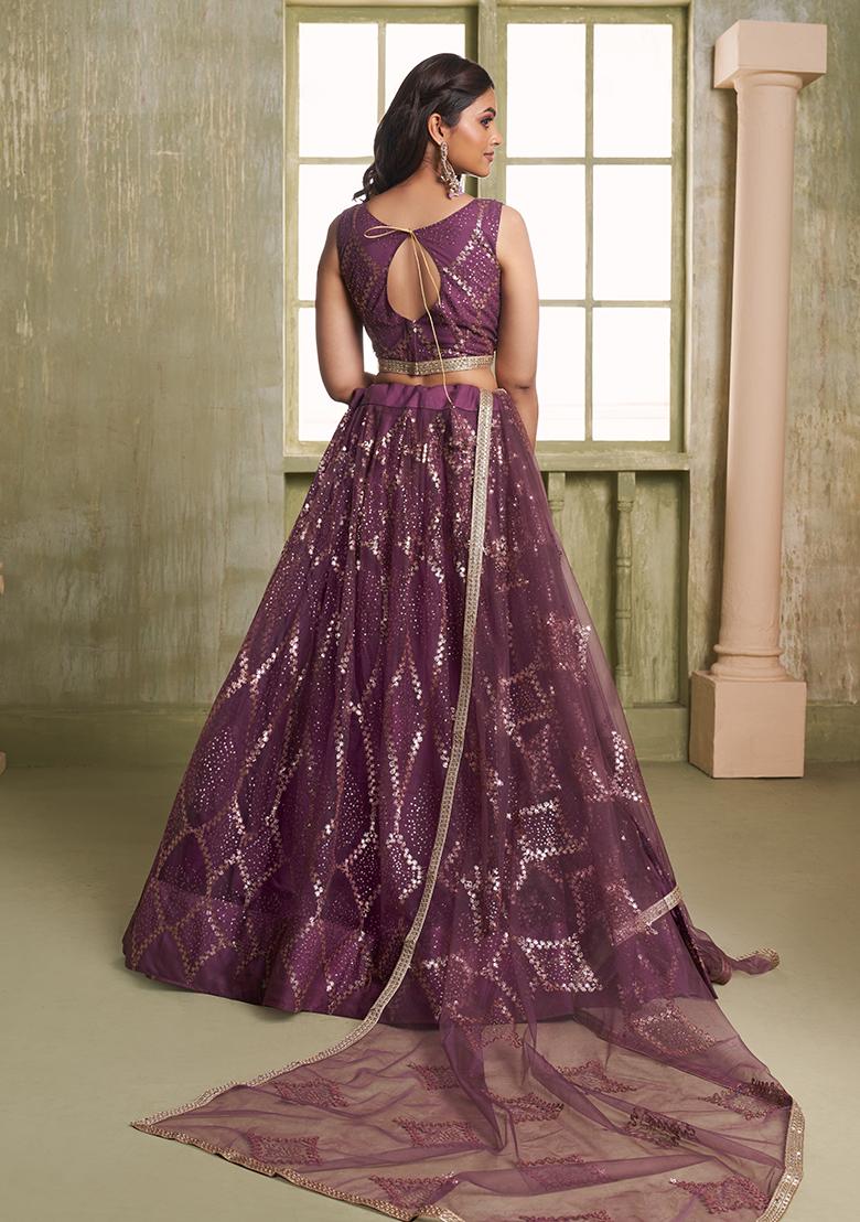 Wine Embroidery Net Lehenga Set - Indya