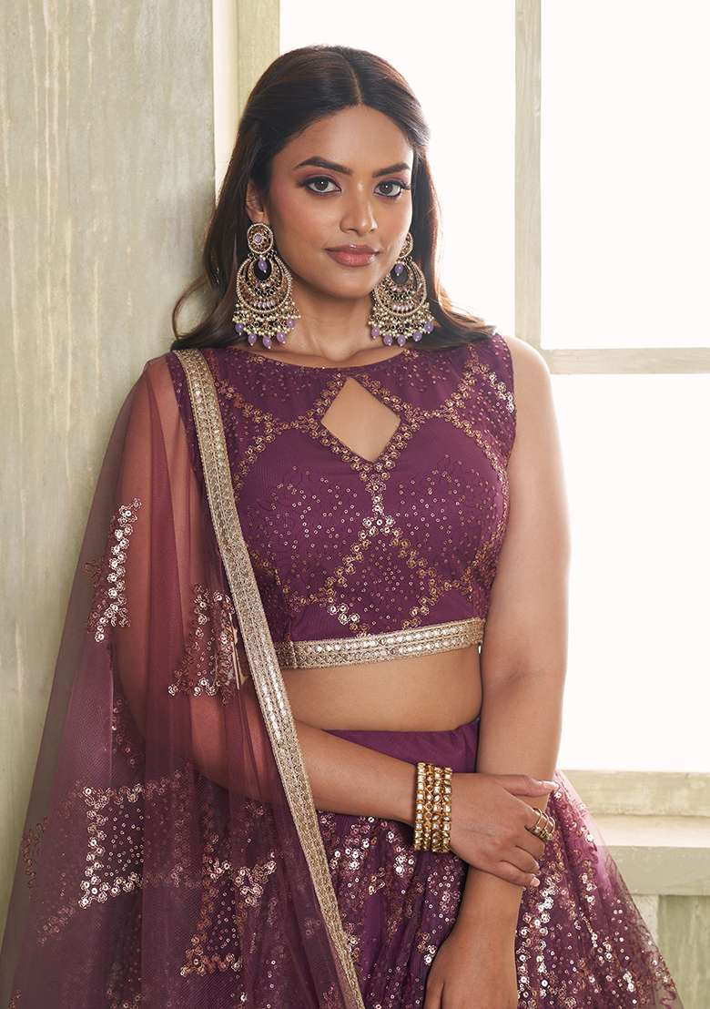 Wine Embroidery Net Lehenga Set for Diwali and Festive Wear - Indya