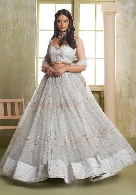 Light Grey Embroidery Net Lehenga Set