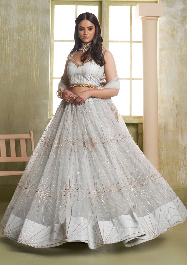 Light Grey Net Lehenga Set with Embroidery for Diwali | Wedding & Festive Wear - Indya