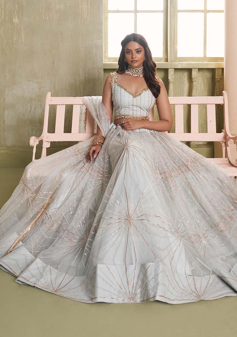 Light Grey Embroidery Net Lehenga Set - Indya