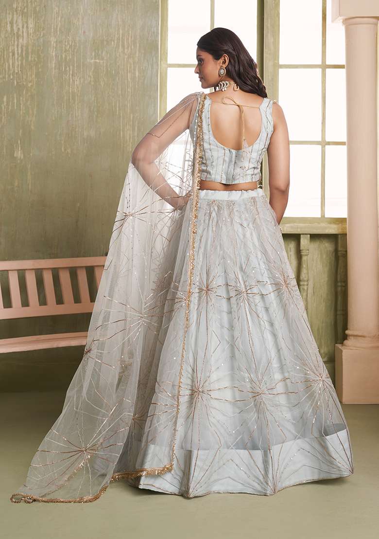 Light Grey Net Lehenga Set with Embroidery for Diwali | Wedding & Festive Wear - Indya