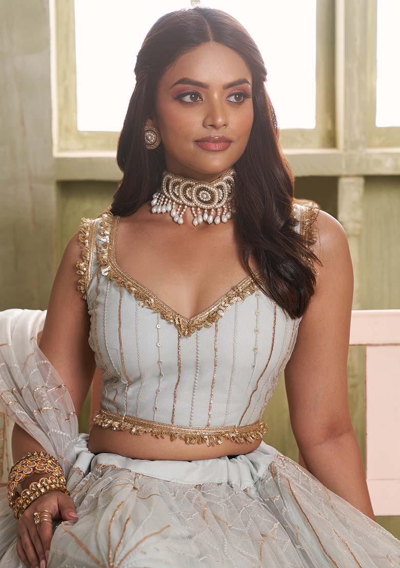 Light Grey Embroidery Net Lehenga Set - Indya
