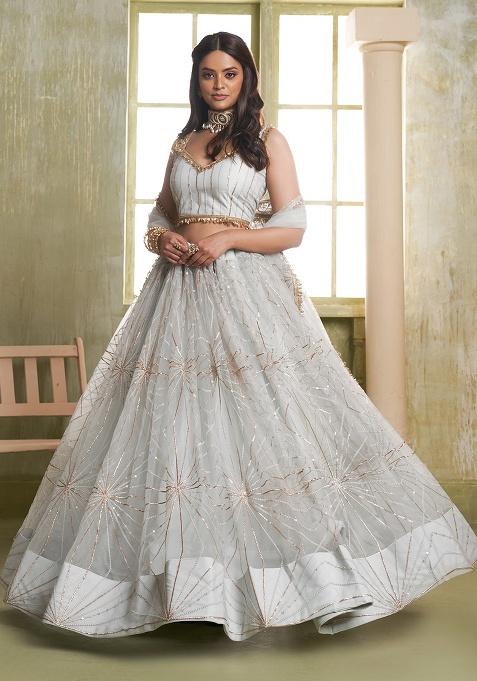 Light Grey Embroidery Net Lehenga Set