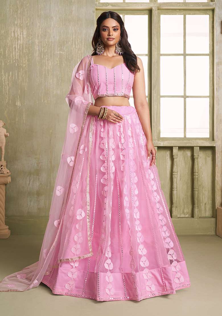 Pink Embroidery Net Lehenga Set for Diwali and Festive Wear - Indya