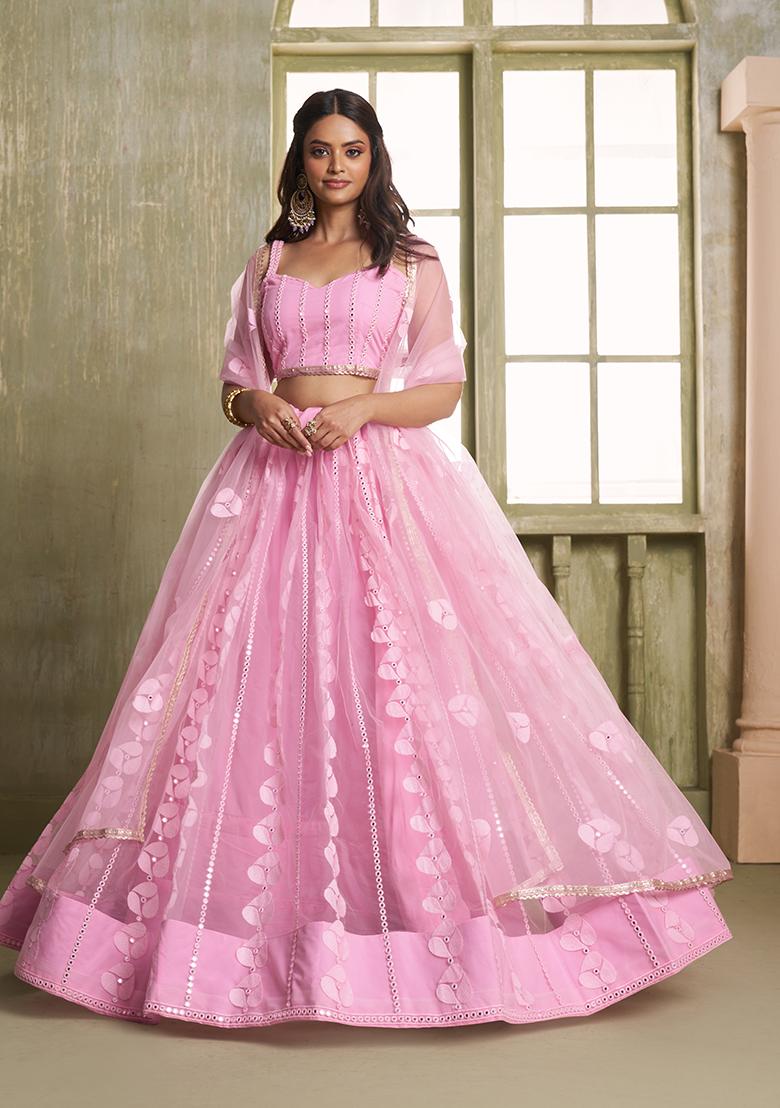 Pink Embroidery Net Lehenga Set - Indya