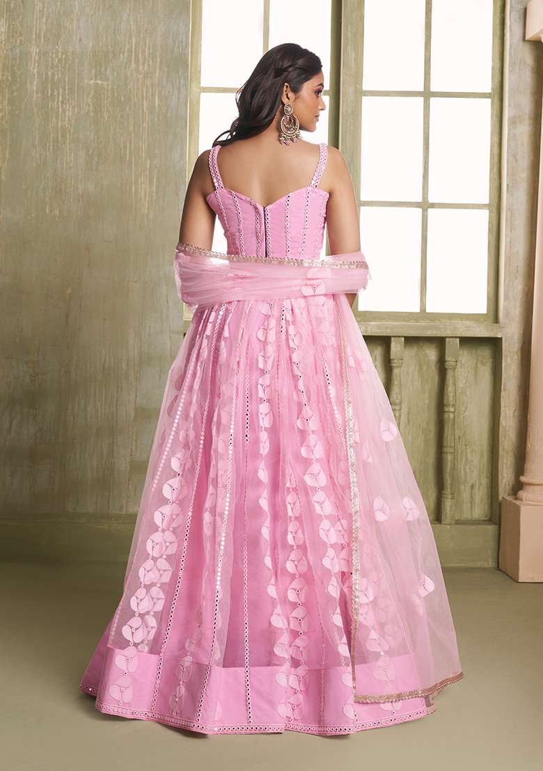 Pink Embroidery Net Lehenga Set for Diwali and Festive Wear - Indya
